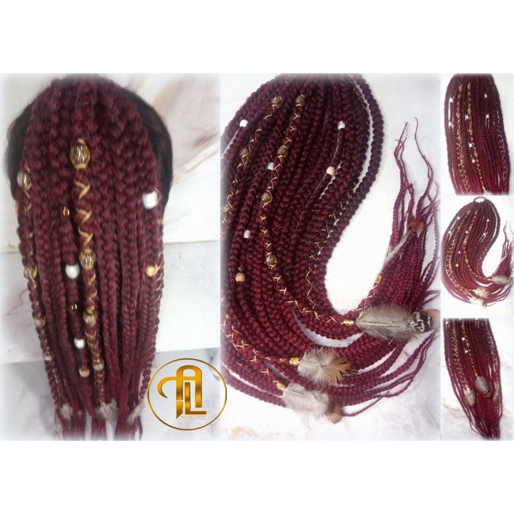 Ponytail Hair Fall Ombre Black Red Burgundy Feathers box braids hair scrunchie